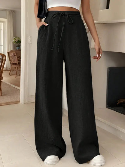 Women's Linen Drawstring Wide-Leg Trousers