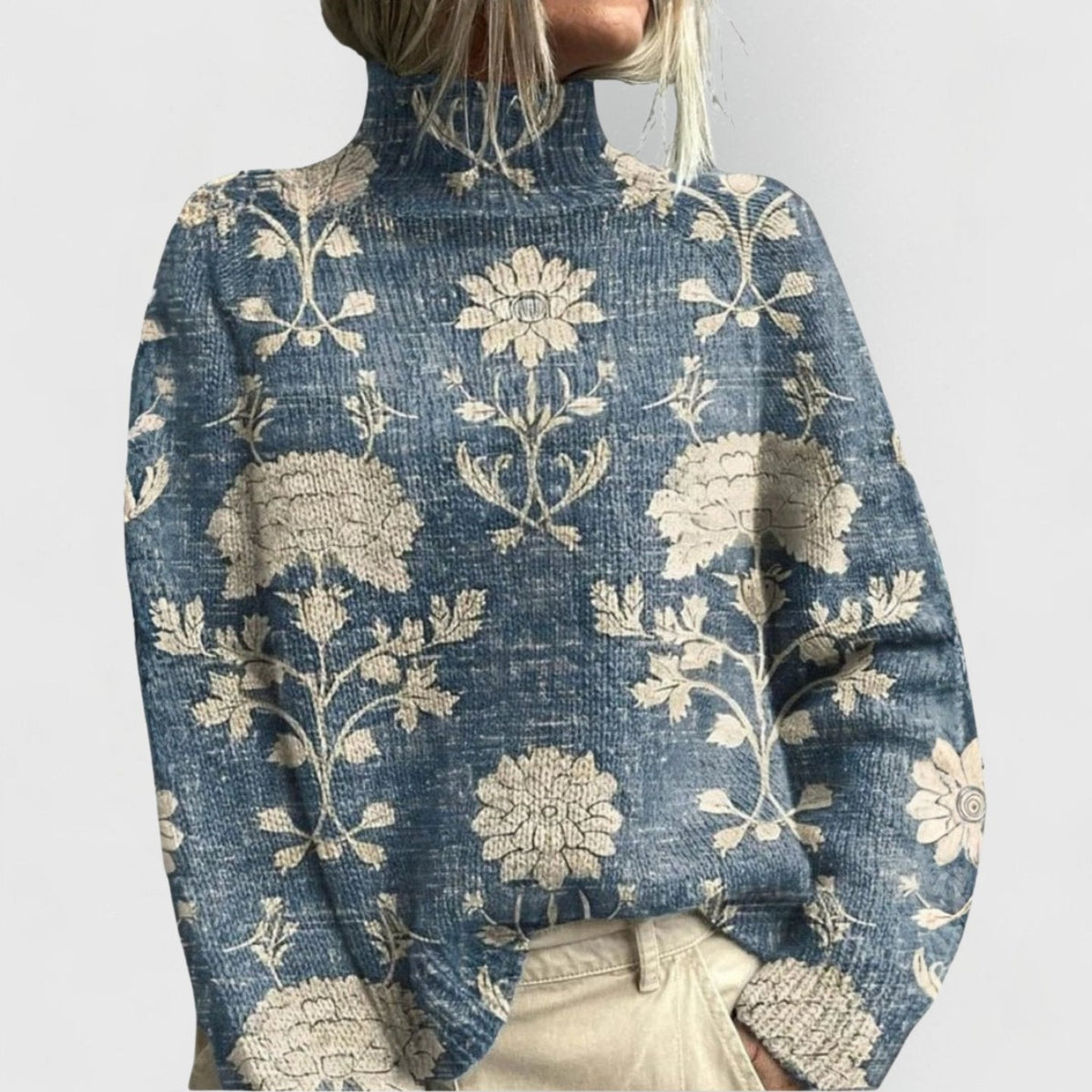Women's Floral Print Knitted Jumper High-Neck Oversized