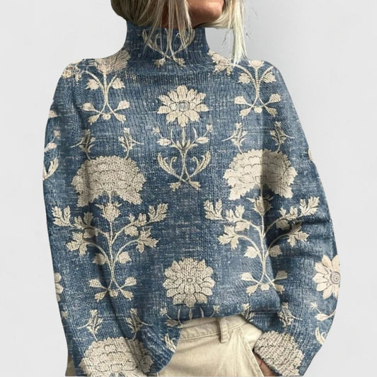 Women's Floral Print Knitted Jumper High-Neck Oversized