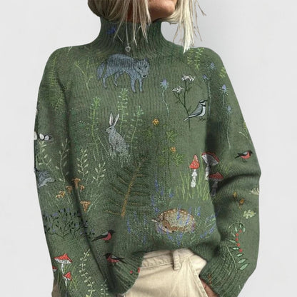 Women's Floral Print Knitted Jumper High-Neck Oversized