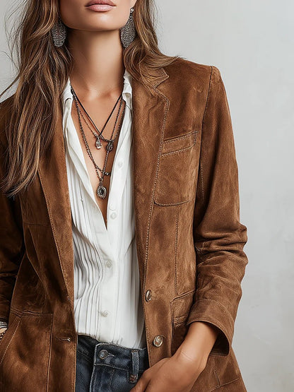 Women's Suede Long Jacket Pockets Button-Front
