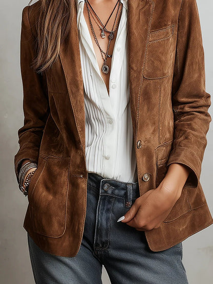 Women's Suede Long Jacket Pockets Button-Front