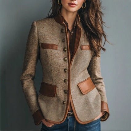 Women's Tweed Leather-Trim Work Blazer Pockets Button-Front