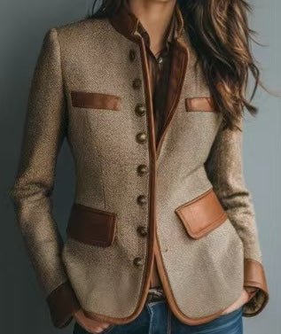Women's Tweed Leather-Trim Work Blazer Pockets Button-Front