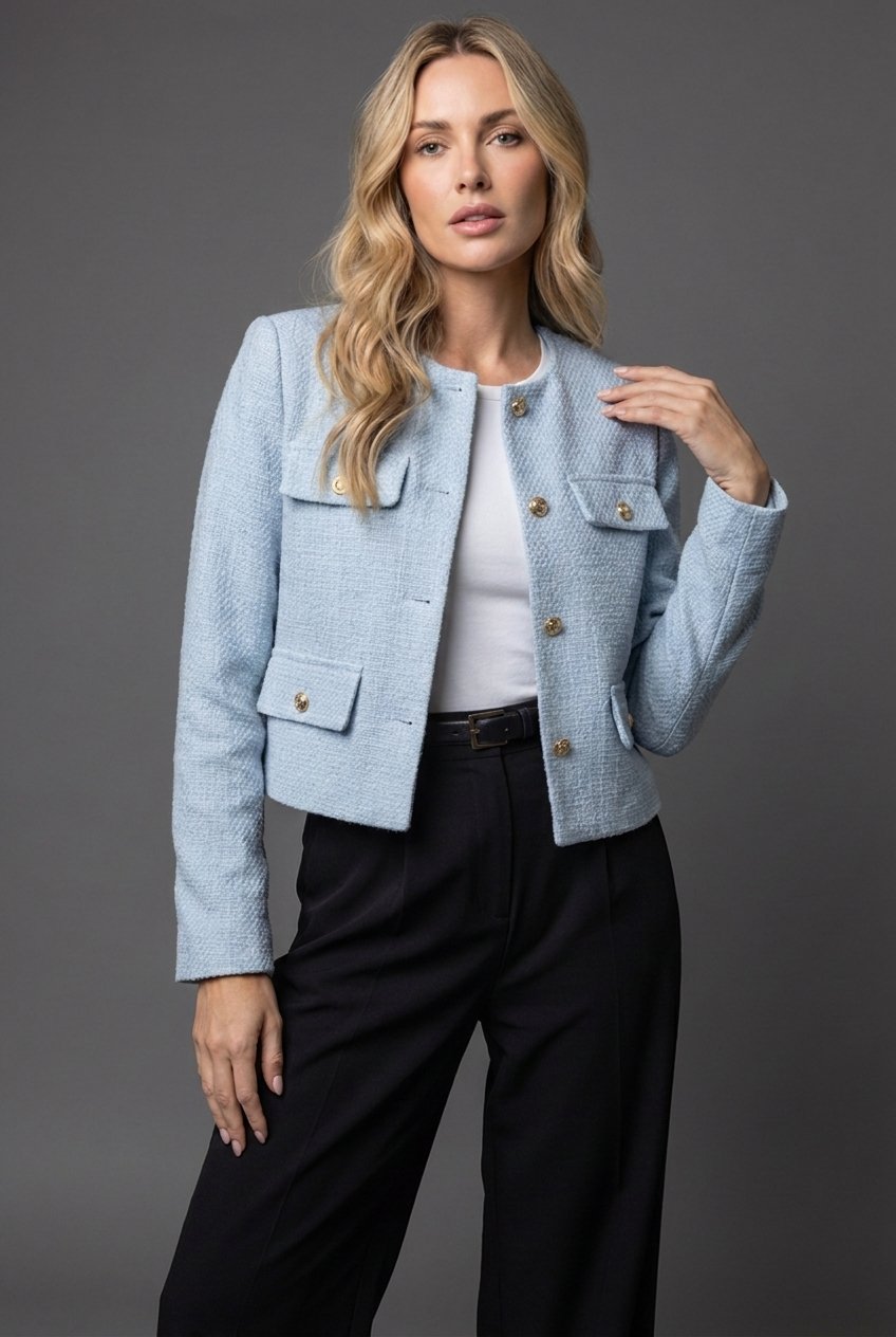 Women's Cropped Tweed Jacket Round Neck Gold Buttons Pockets