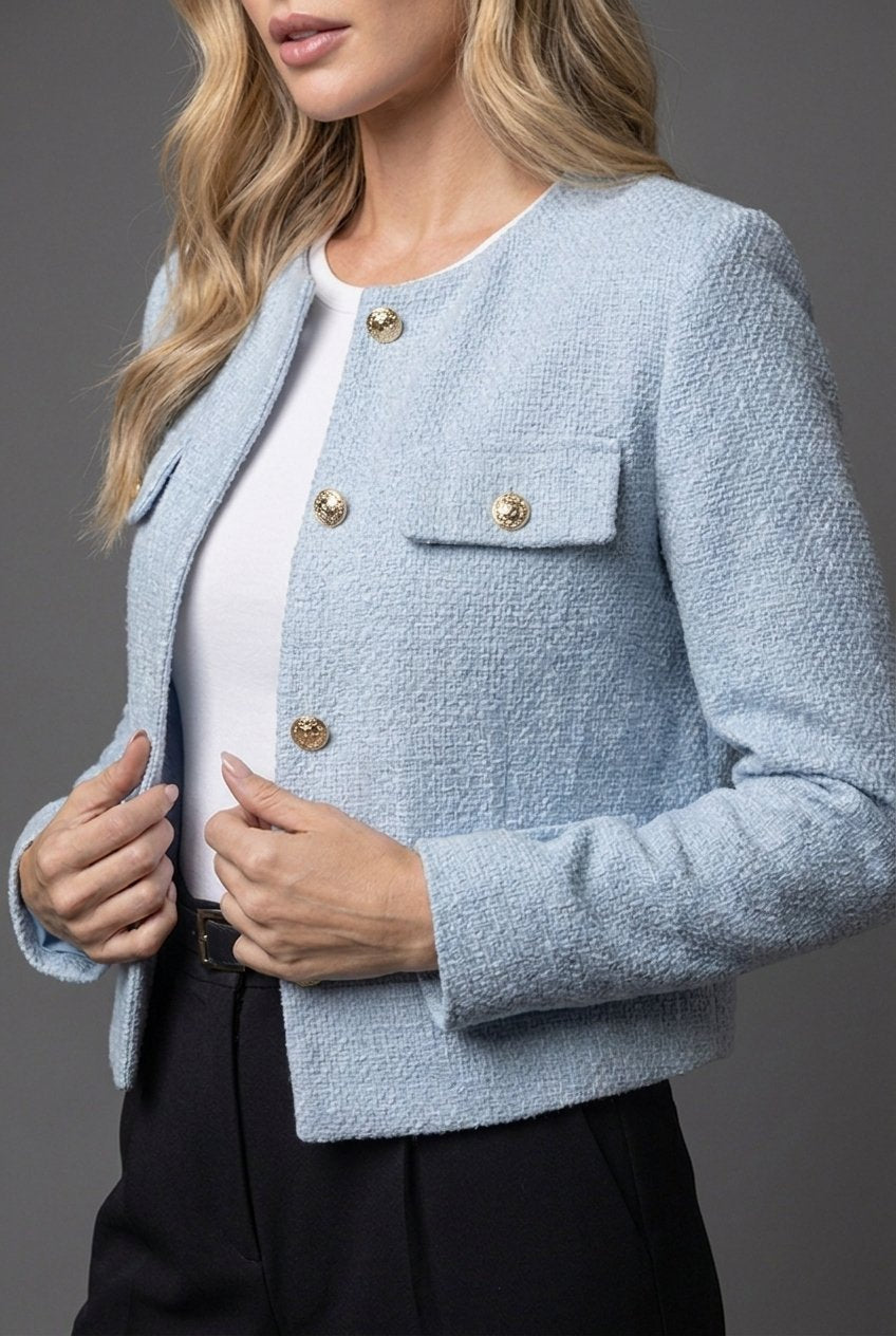 Women's Cropped Tweed Jacket Round Neck Gold Buttons Pockets