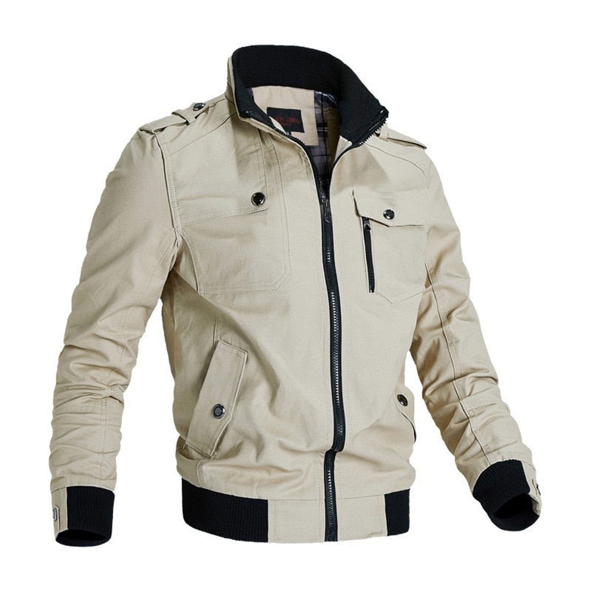 Men's Military Bomber Jacket Side Pockets Stand Collar
